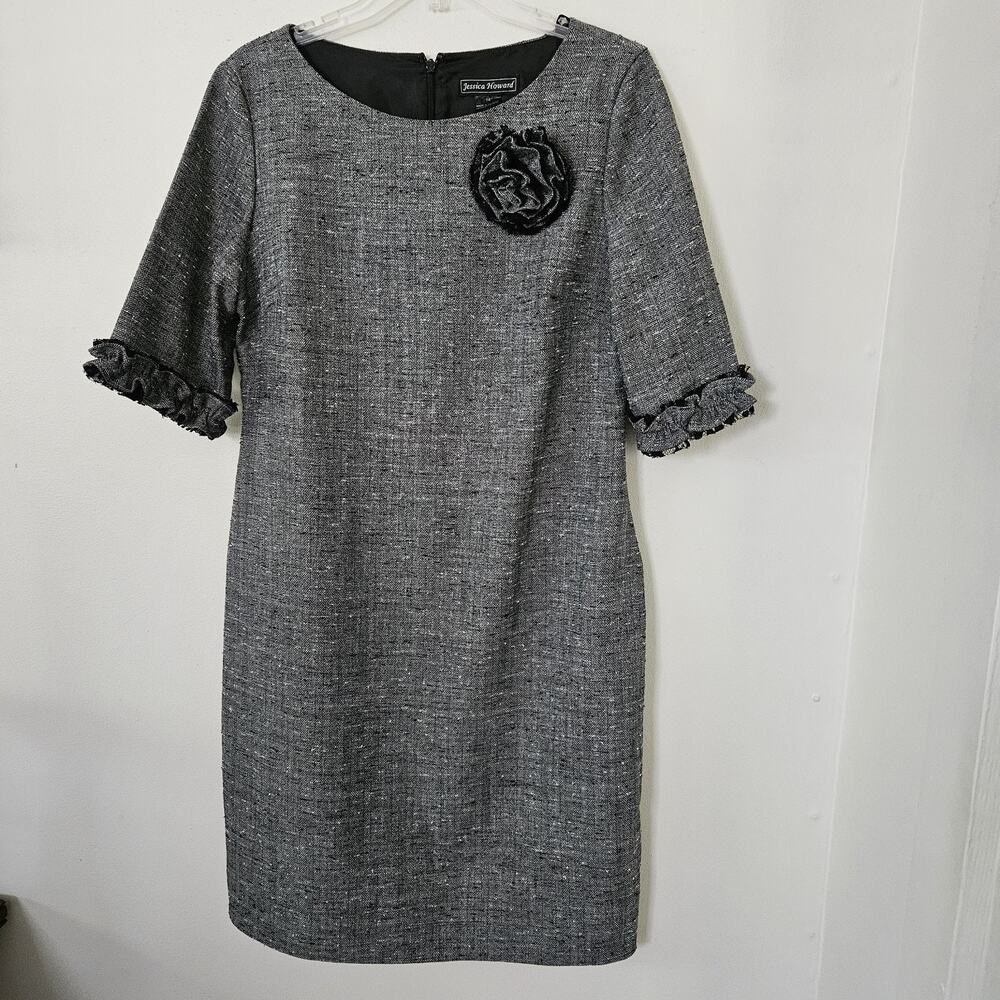 JESSICA HOWARD Dress Women 14 Gray Sheath Flower Accent Short Sleeve Career LN